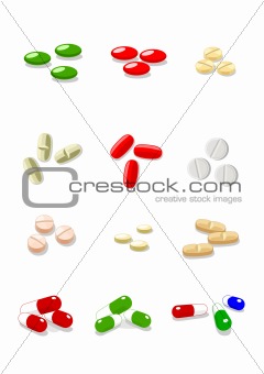 Twelve vector pills on white background