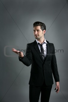 businessman raising open hand