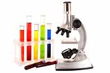 Laboratory metal microscope and test tubes with liquid isolated 