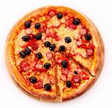Pizza with olives on wooden plate isolated on white
