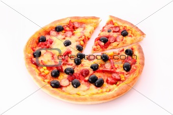 sliced pizza with olives isolated on white