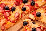 Pizza with olives closeup
