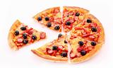 sliced pizza with olives isolated on white