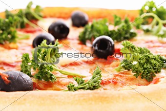 Pizza with olives closeup