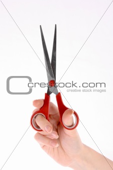 Scissors in hand isolated on white background
