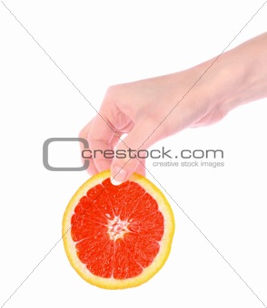 Orange in hand isolated on a white background