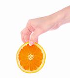 Orange in hand isolated on a white background