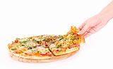 pizza and hand isolated on white