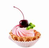 sweet cake with cherry isolated on white
