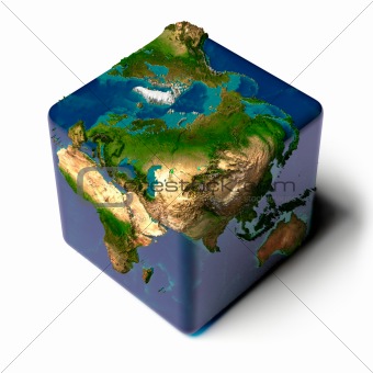 Cubic Earth with translucent ocean and shadow