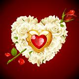 Red Roses and golden jewel in the shape of heart with arrow