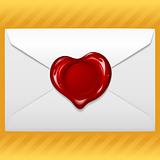 Envelope with wax seal in the shape of heart