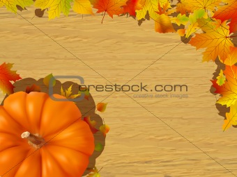 Fall leaves making a border with pumpkin