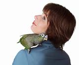 woman with parrot on shoulder