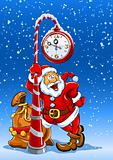 santa claus with sack of gifts under clock