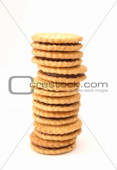 Stack of shortbread butter biscuits with chocolate filling