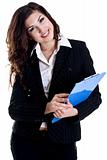 business woman in a suit with clipboard