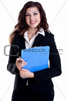 business woman in a suit with clipboard