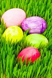 Easter concept - colourful eggs in green glass