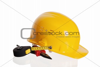 Tools and helmet of the builder, it is isolated on white
