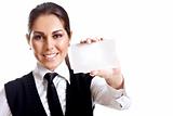 young business woman with business card