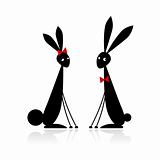 Couple of rabbits, black silhouette for your design