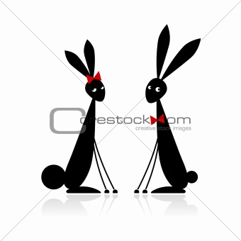 Couple of rabbits, black silhouette for your design