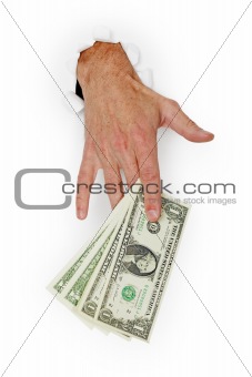 Hand giving stack of dollars on white background