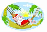santa claus in hammock relaxing in tropical beach