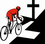 Cyclist racing on bicycle with cross on road