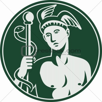 Greek God Hermes holding a caduceus 