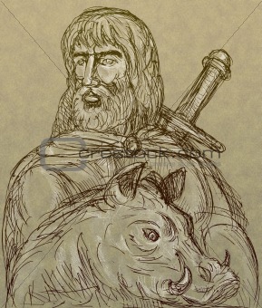 Norse god of agriculture with sword and boar