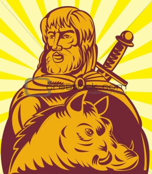 Frey Norse god of agriculture with sword and boar