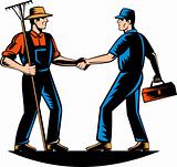Farmer and tradesman mechanic handshake