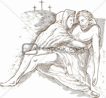 Mother Mary and the dead Jesus Christ with the cross of calvary