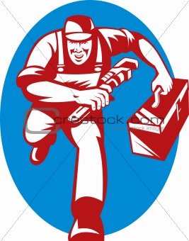 Plumber with monkey wrench toolbox running