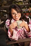 Pretty Hispanic Woman in Bathrobe with Tea or Coffee