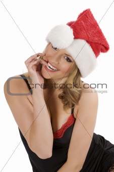girl in santa claus biting