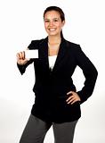 Portrait of a young Hispanic woman holding a blank business card