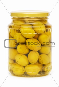 Pickled olives in glass jar
