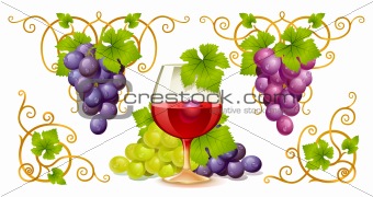 Grape elements, corners and wine glass