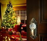 Door opening into a Christmas living room