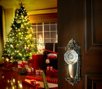Door opening into a Christmas living room