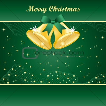 Gold christmas bells on green