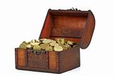 Old wooden chest with golden coins