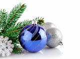 christmas blue ball with branch firtree
