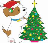 Cute Puppy with Santa Hat and Tree