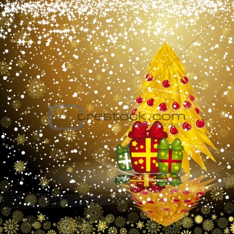Fairy golden christmas tree with gifts on a dark snow background