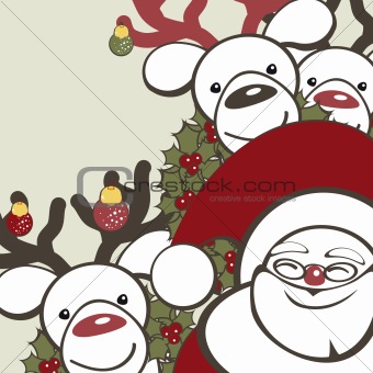 Christmas background with funny reindeer and Santa Claus.