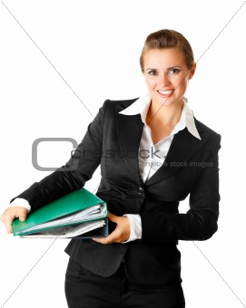 smiling modern business woman  holding folders  with  documents
